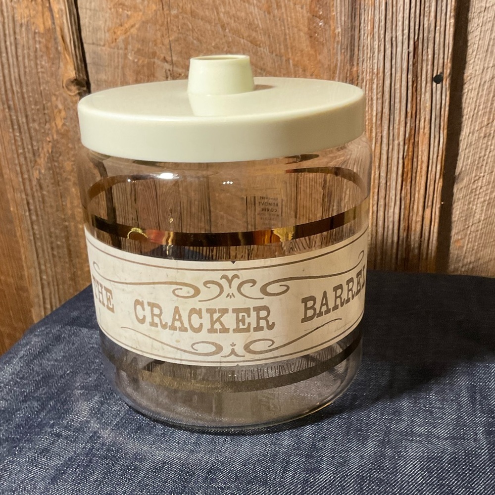 PYREX Vintage Oven Safe Jar with gold Trim “The Cracker Barrel” with lid